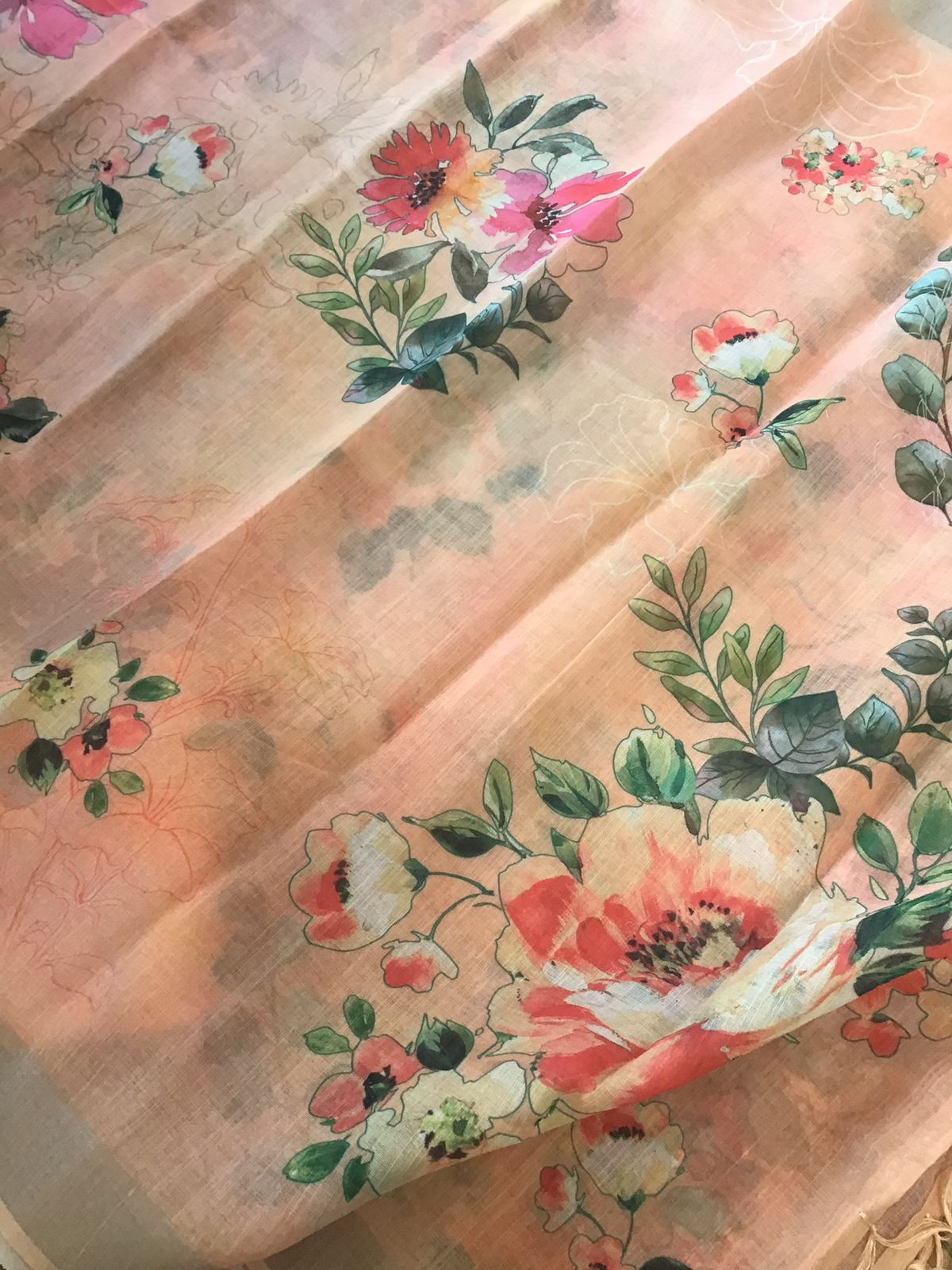 Soft Semi Linen Jute Cotton Printed Embroidered Suit - Peach