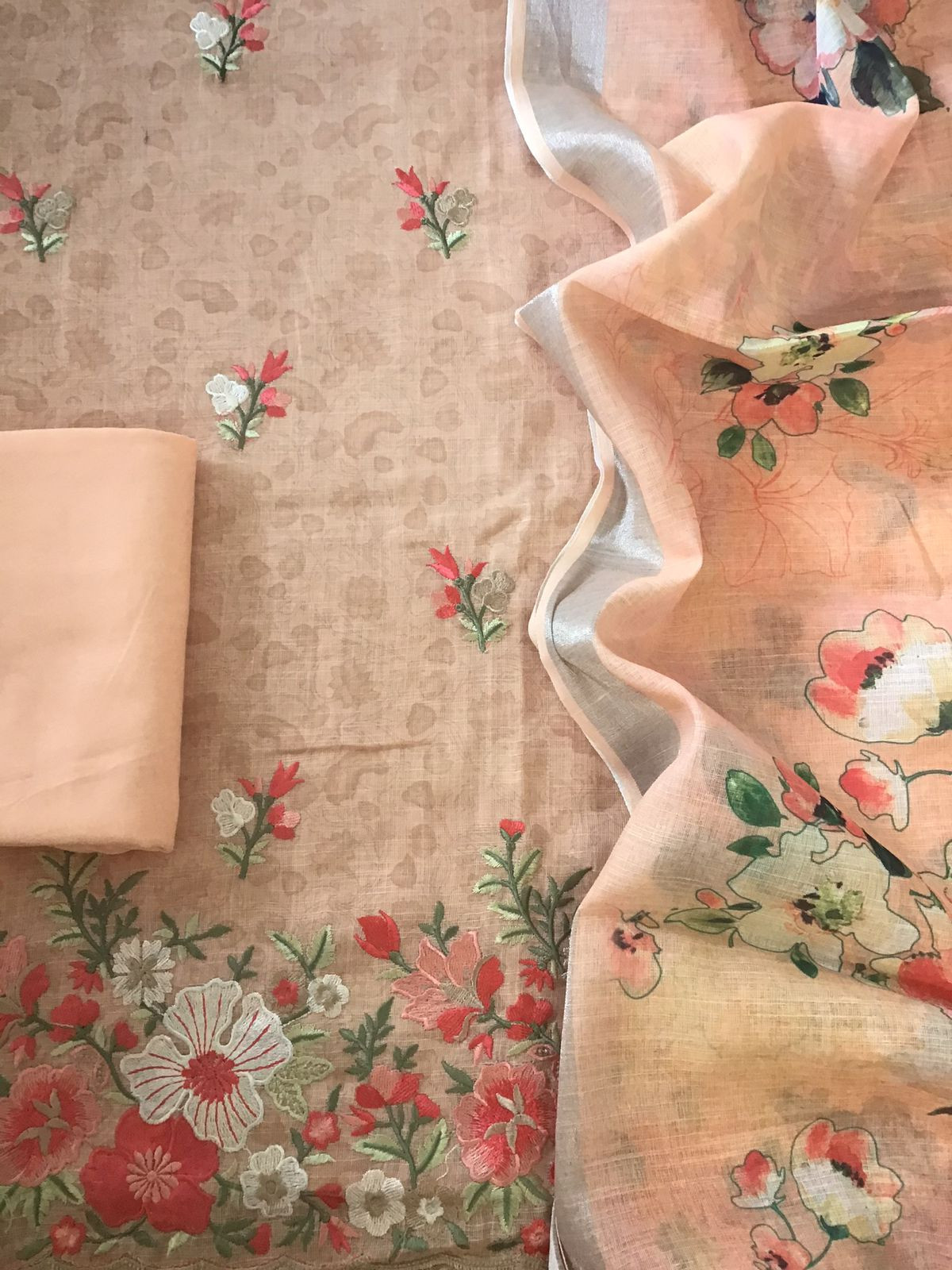 Soft Semi Linen Jute Cotton Printed Embroidered Suit - Peach