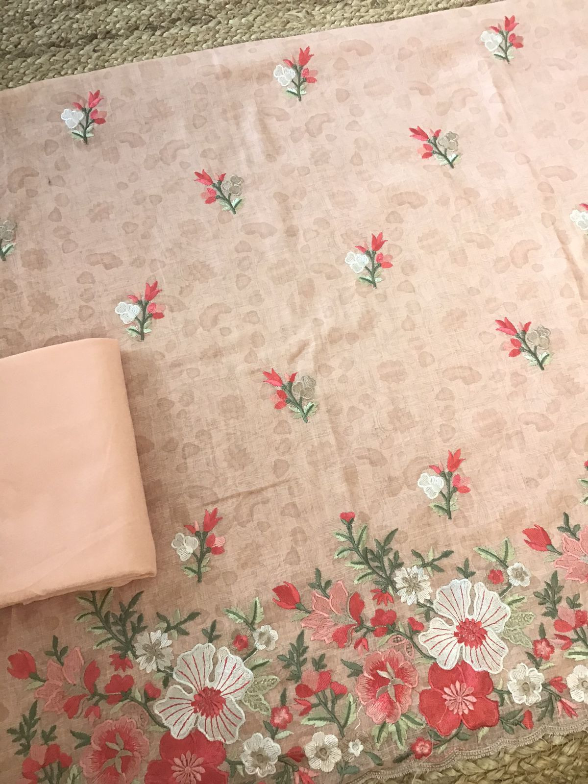 Soft Semi Linen Jute Cotton Printed Embroidered Suit - Peach