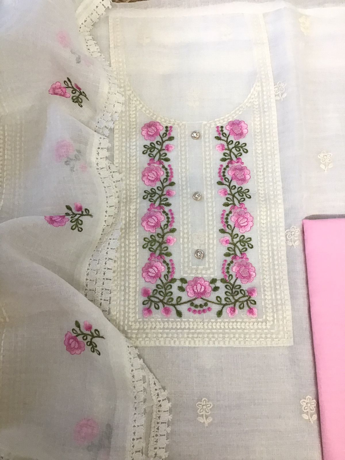 Soft Jute Kota Embroidered Suit - White