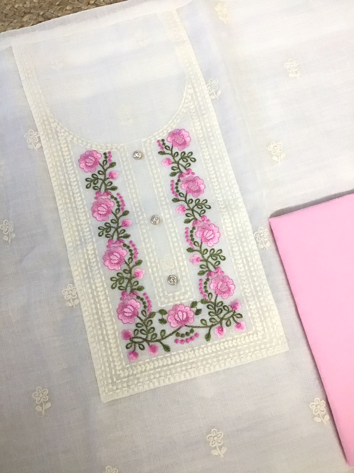 Soft Jute Kota Embroidered Suit - White