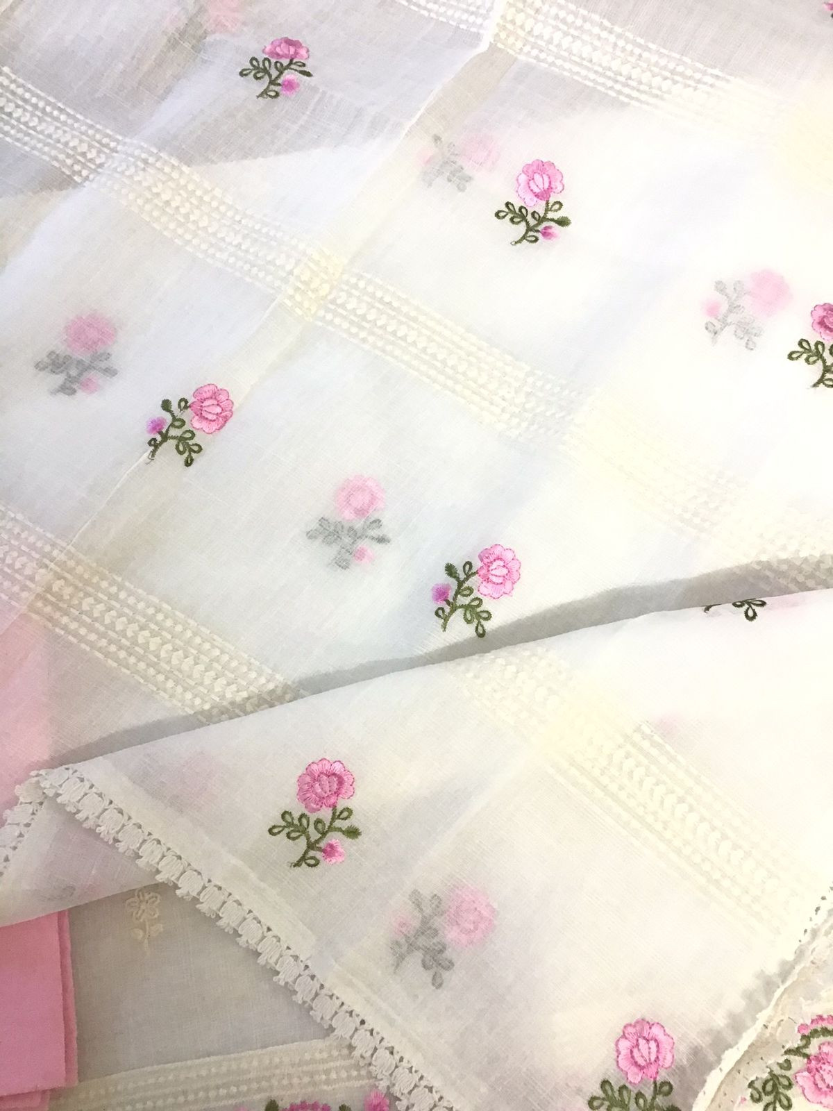 Soft Jute Kota Embroidered Suit - White