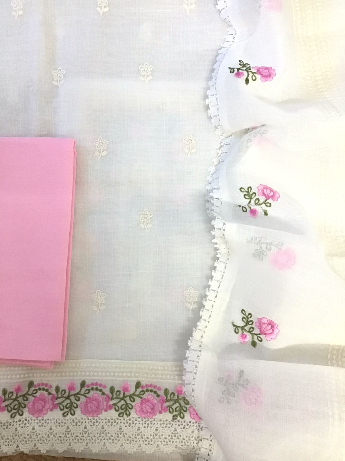 Soft Jute Kota Embroidered Suit - White