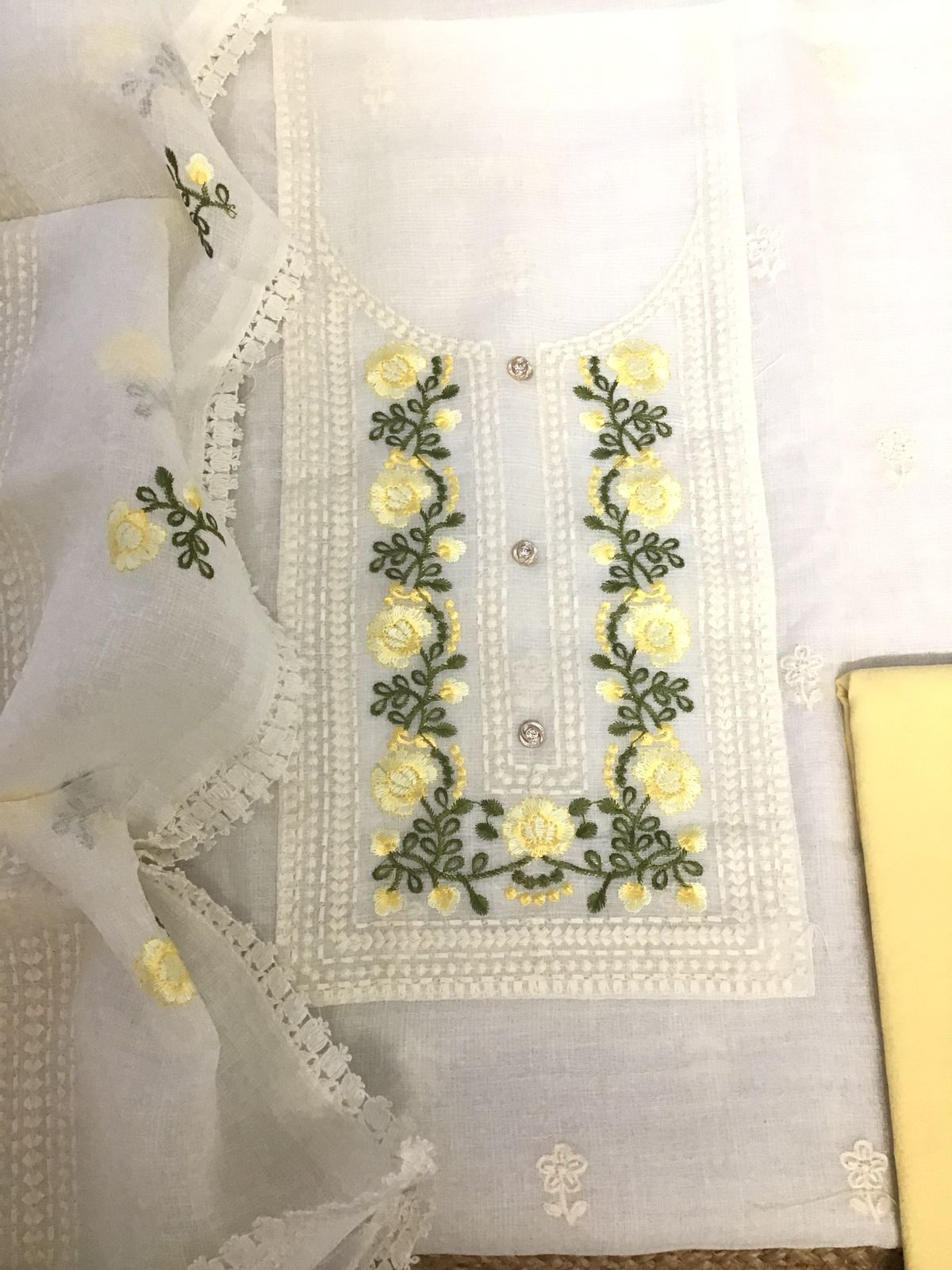 Soft Jute Kota Embroidered Suit - White