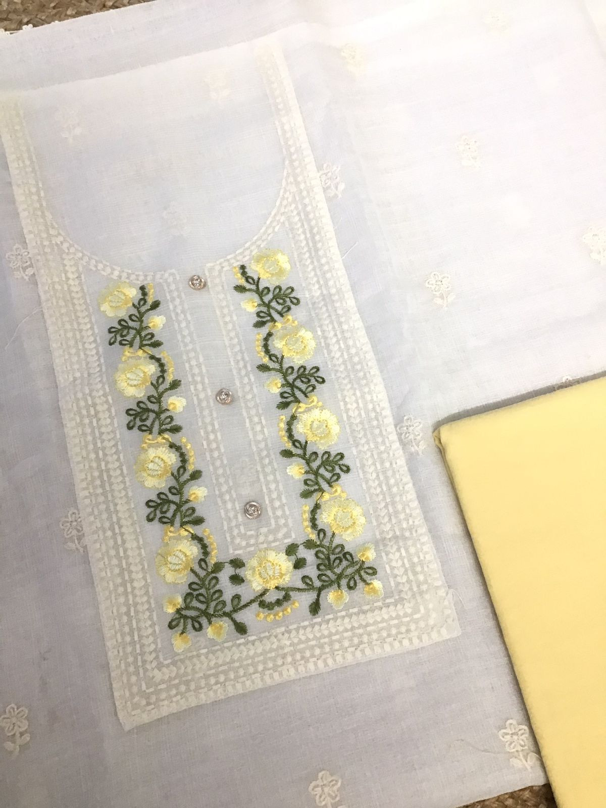 Soft Jute Kota Embroidered Suit - White