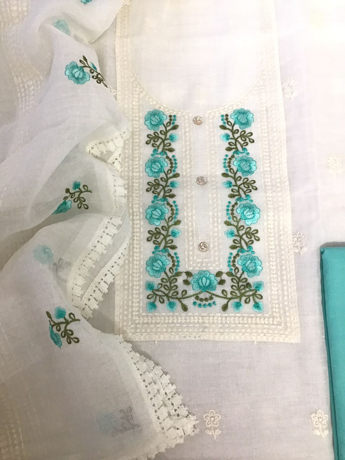Soft Jute Kota Embroidered Suit - White