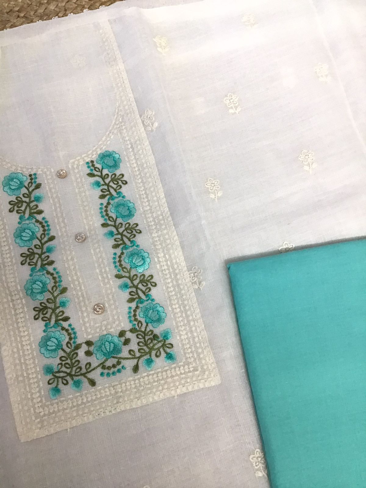 Soft Jute Kota Embroidered Suit - White