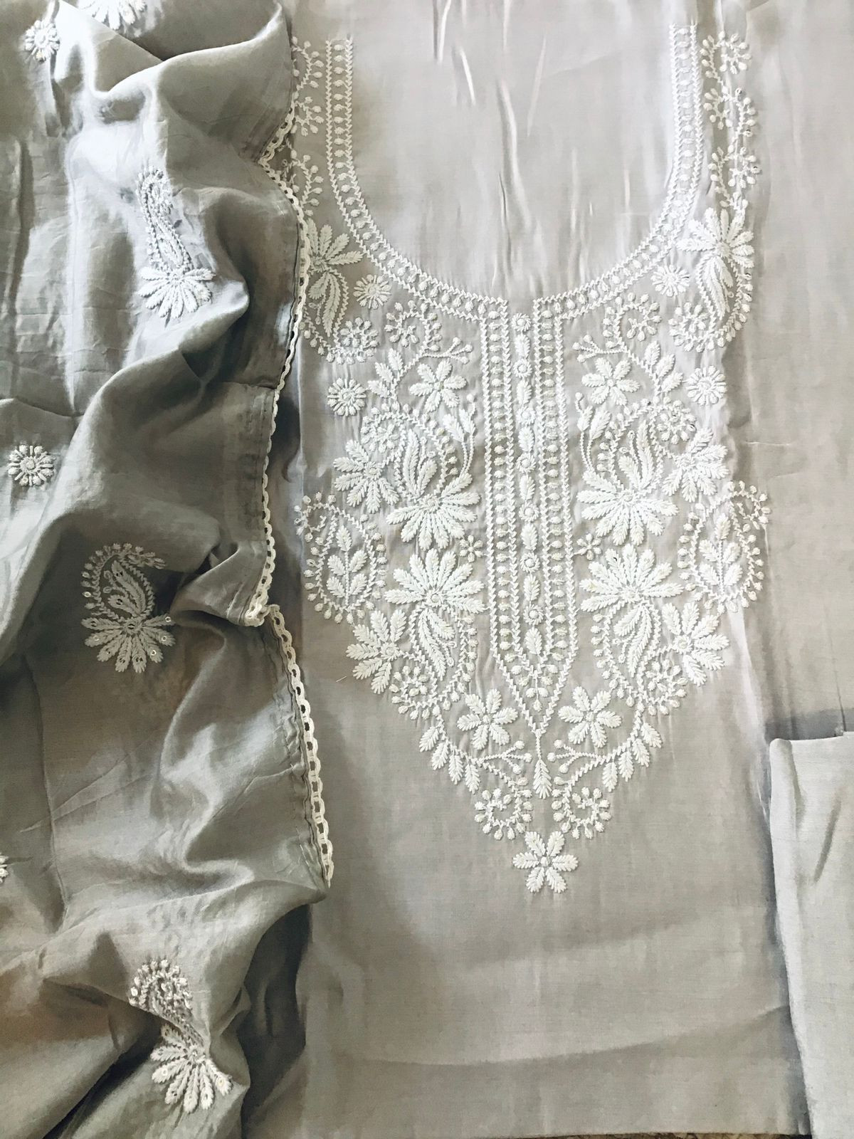 Soft Silk Embroidered Suit - Grey