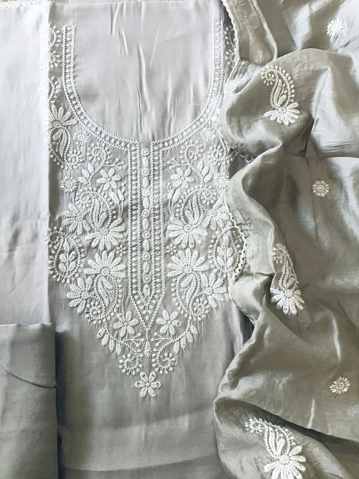Soft Silk Embroidered Suit - Grey