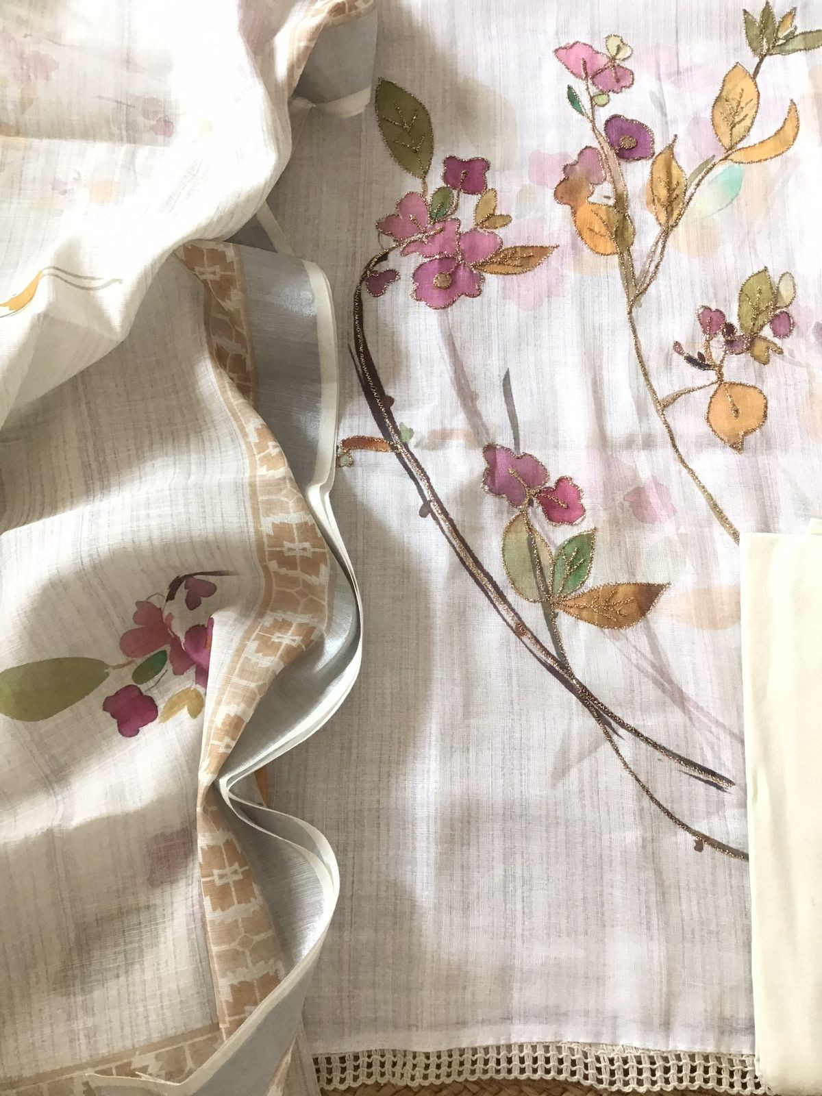 Soft Semi Linen Jute Cotton Printed Embroidered Suit - Offwhite