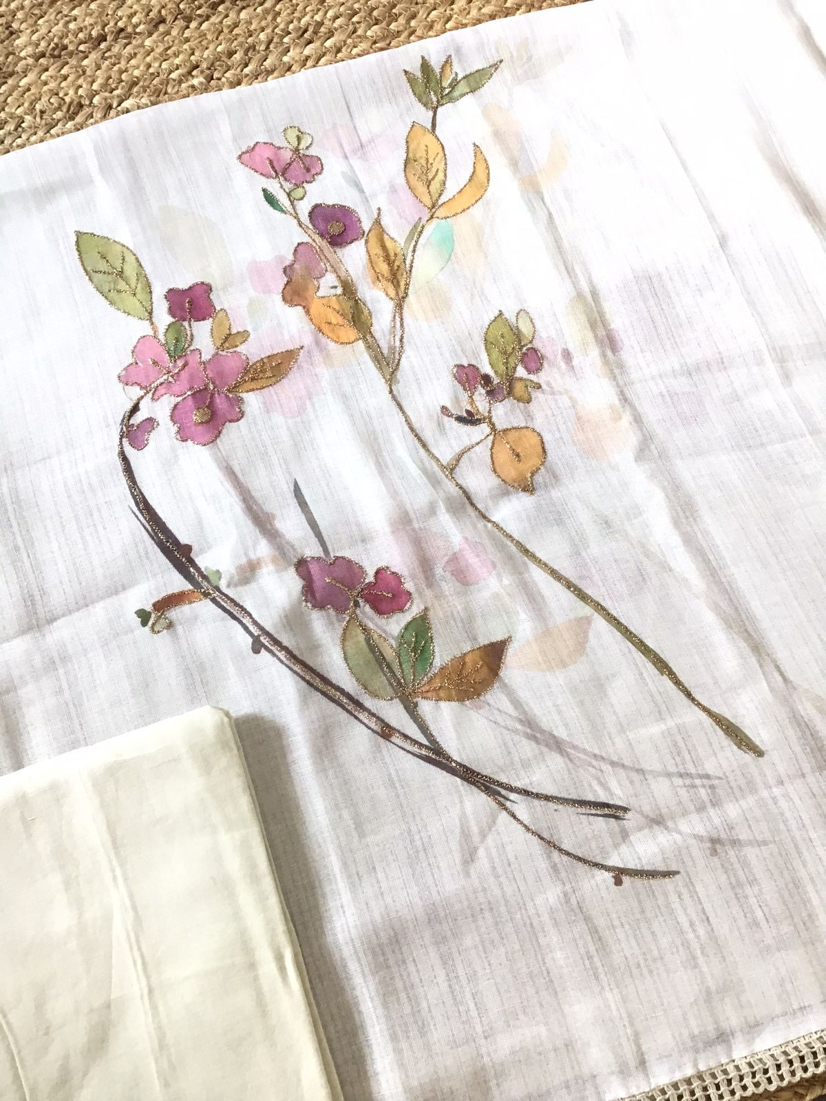 Soft Semi Linen Jute Cotton Printed Embroidered Suit - Offwhite