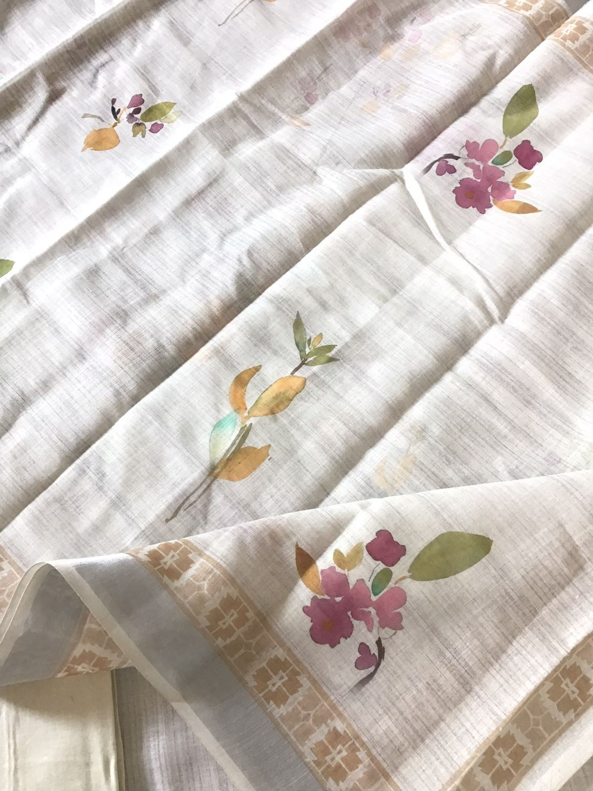 Soft Semi Linen Jute Cotton Printed Embroidered Suit - Offwhite