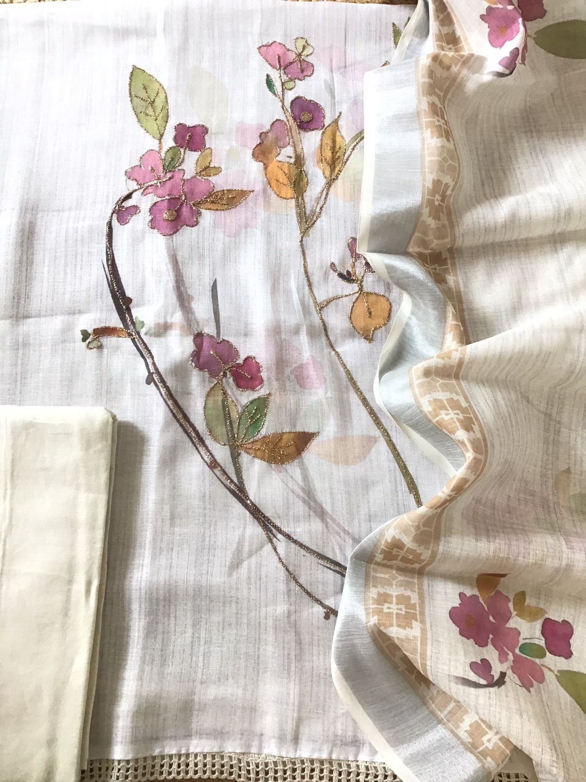 Soft Semi Linen Jute Cotton Printed Embroidered Suit - Offwhite