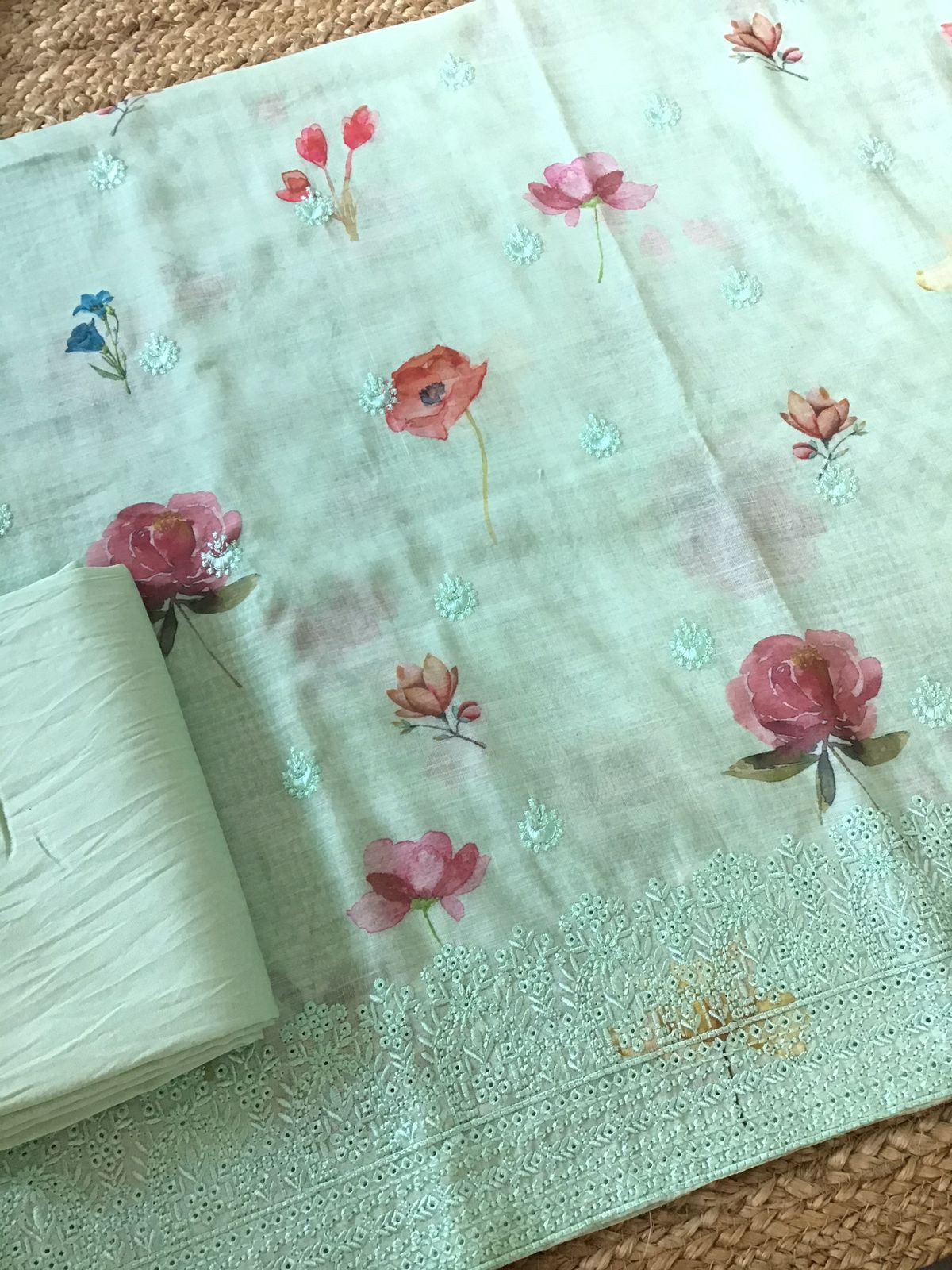 Soft Semi Linen Jute Cotton Printed Embroidered Suit - Green