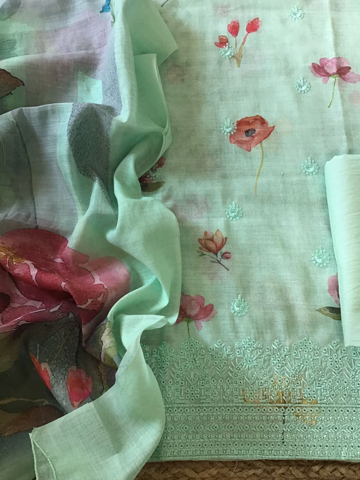 Soft Semi Linen Jute Cotton Printed Embroidered Suit - Green