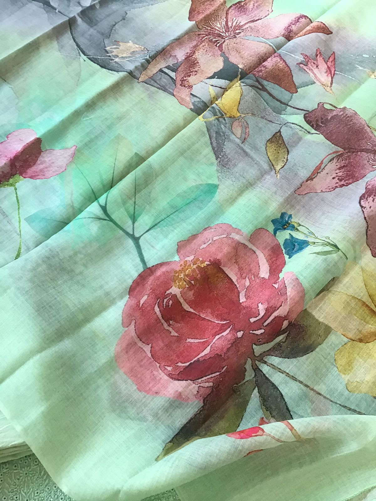 Soft Semi Linen Jute Cotton Printed Embroidered Suit - Green