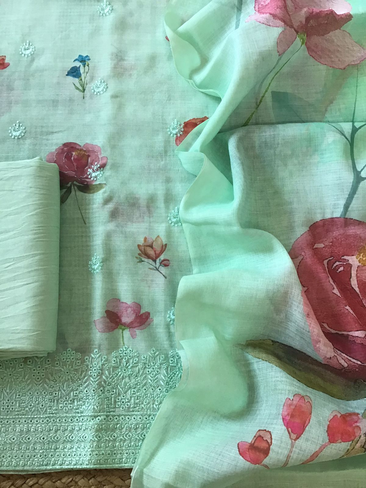 Soft Semi Linen Jute Cotton Printed Embroidered Suit - Green