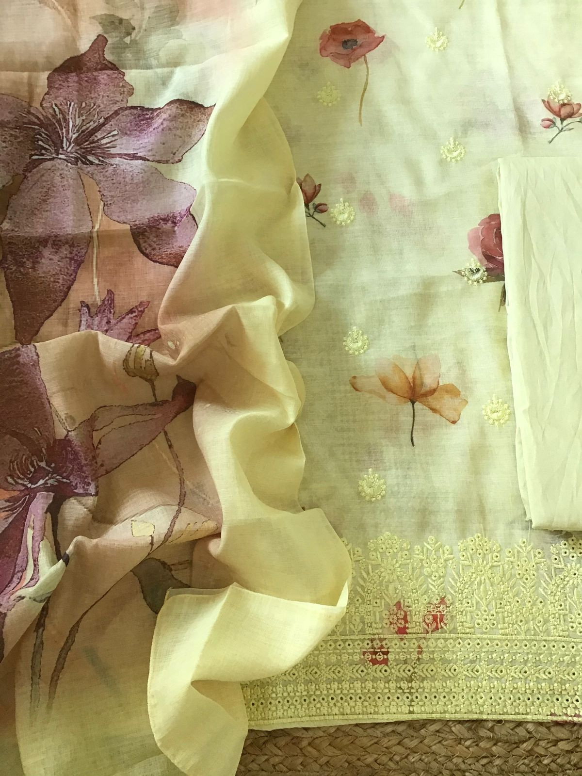 Soft Semi Linen Jute Cotton Printed Embroidered Suit - Yellow