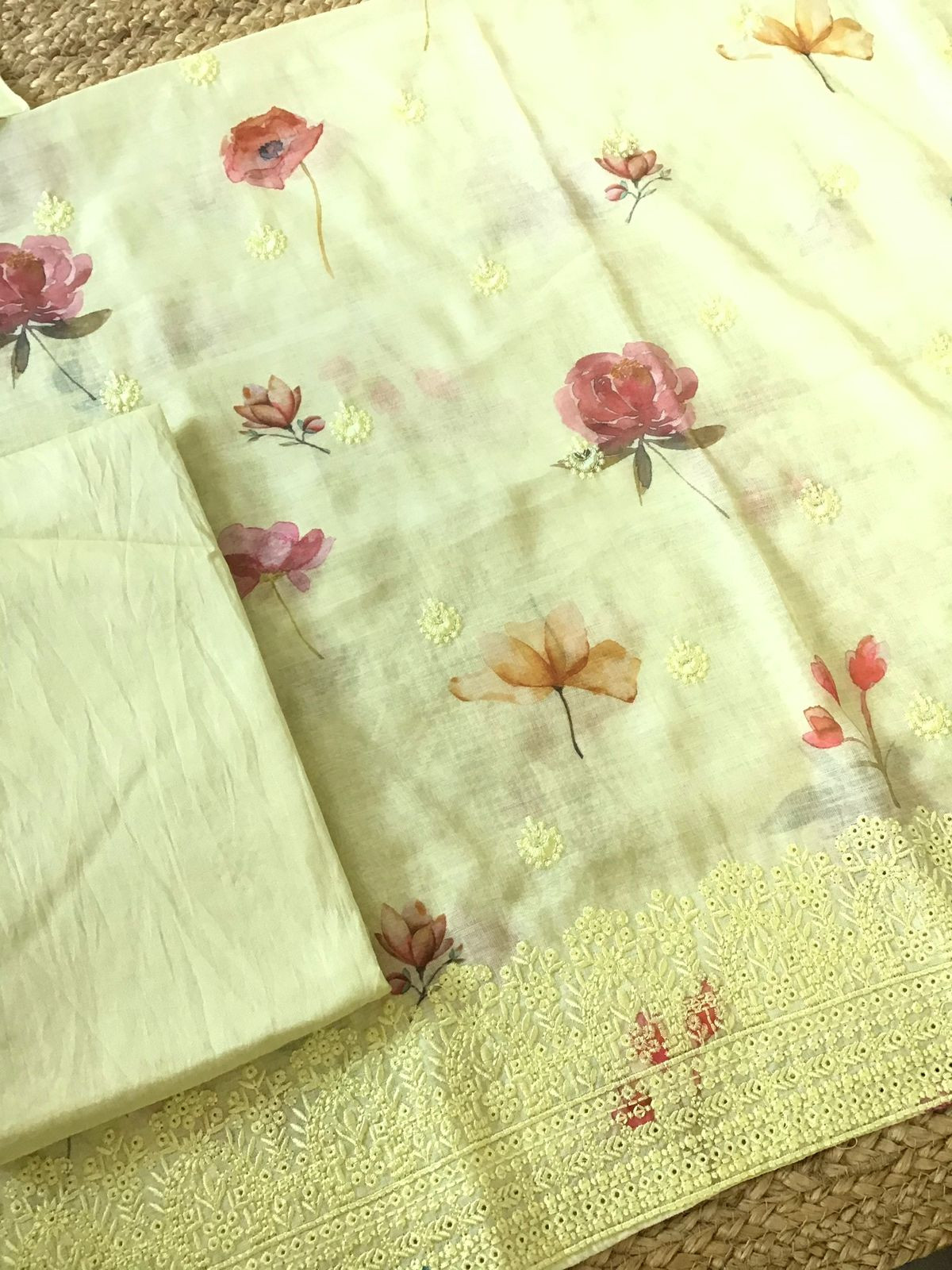 Soft Semi Linen Jute Cotton Printed Embroidered Suit - Yellow