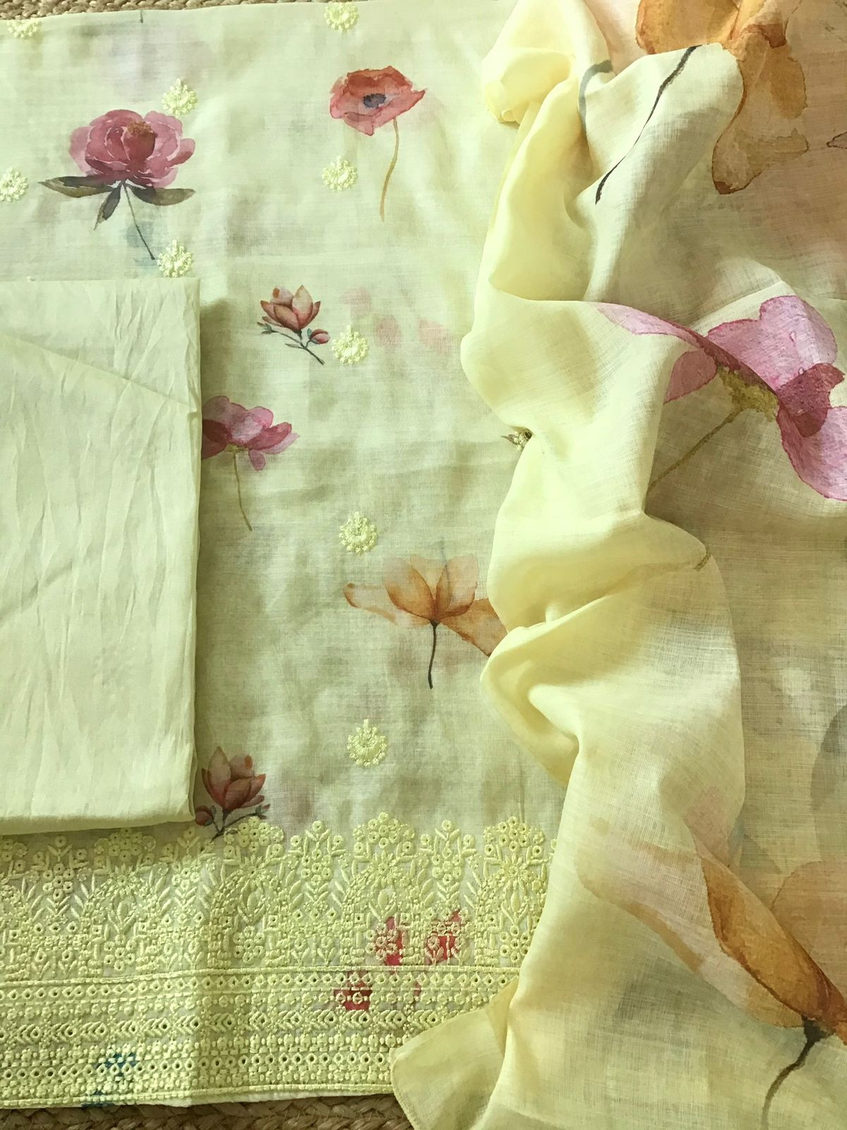 Soft Semi Linen Jute Cotton Printed Embroidered Suit - Yellow