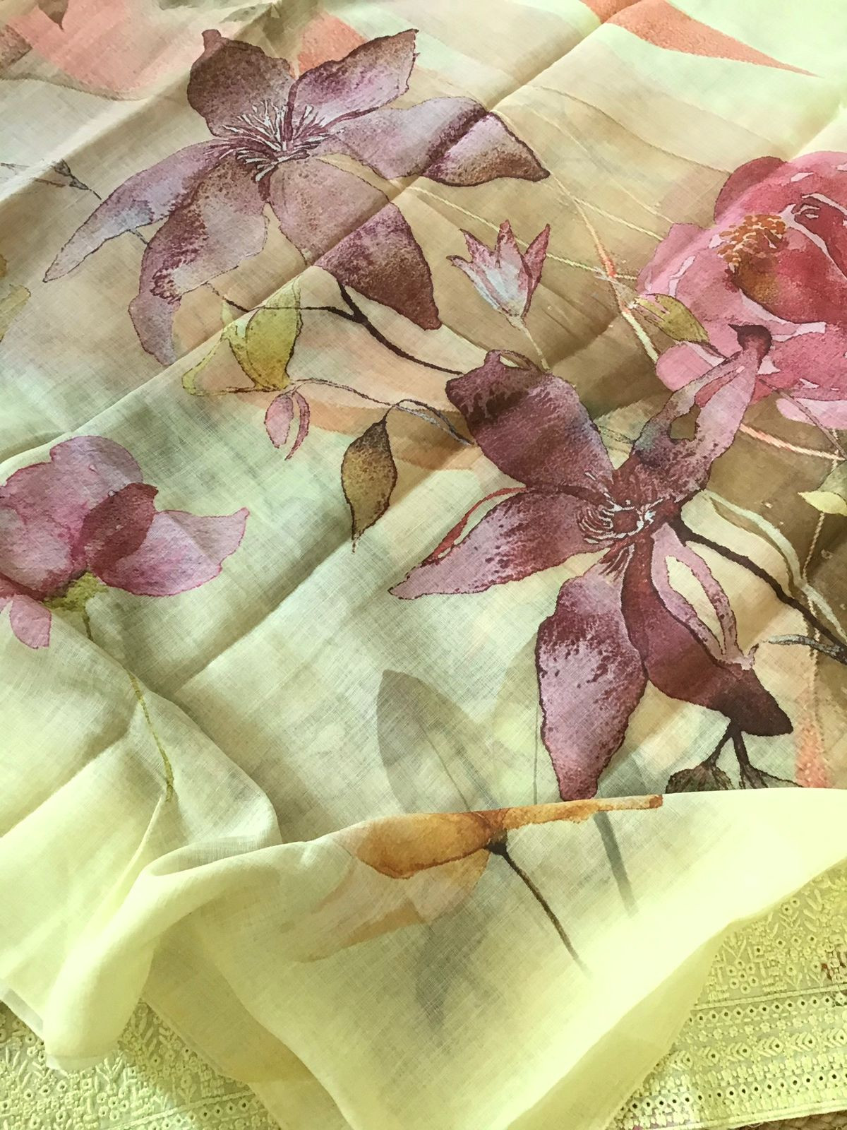 Soft Semi Linen Jute Cotton Printed Embroidered Suit - Yellow