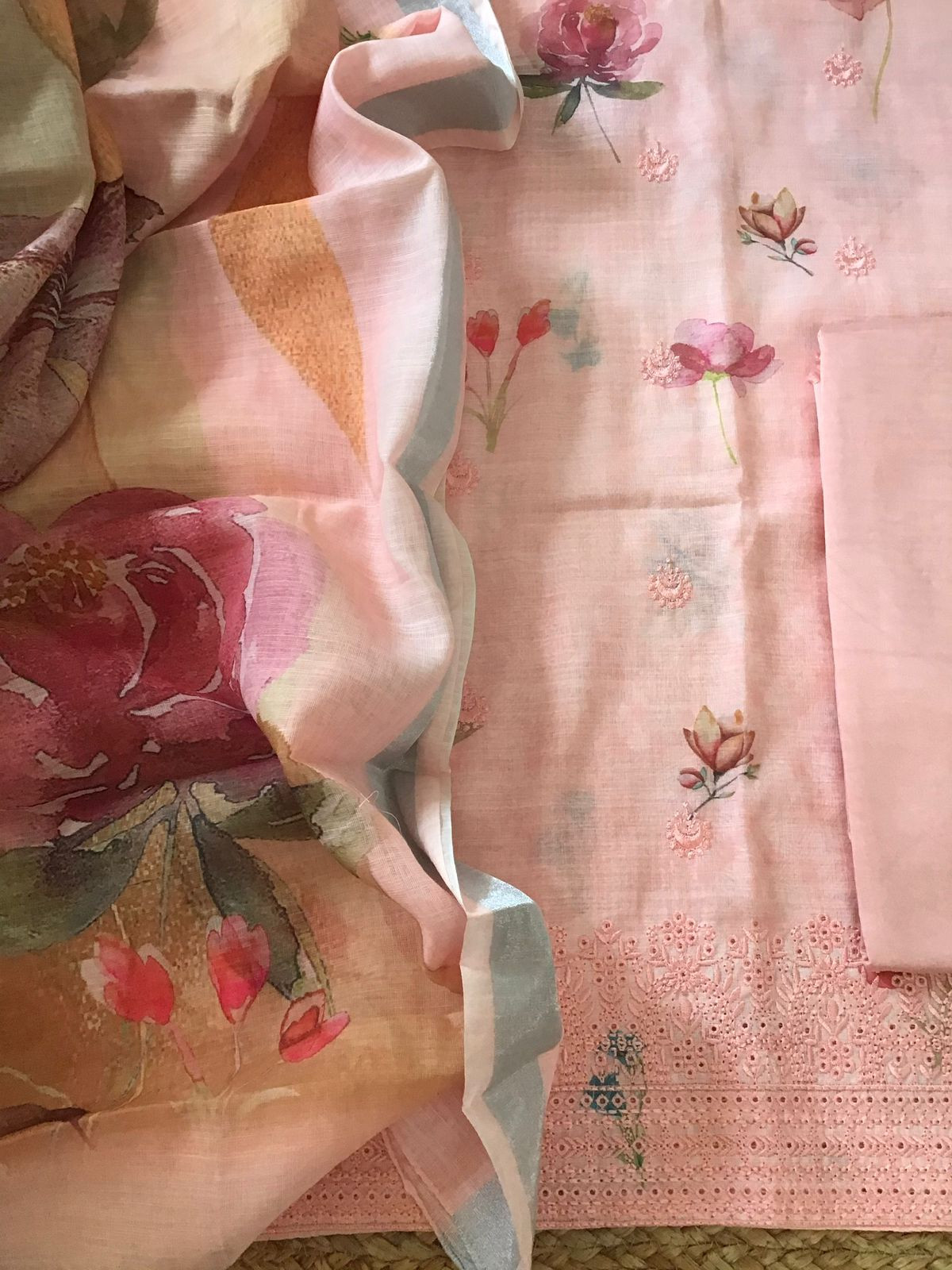 Soft Semi Linen Jute Cotton Printed Embroidered Suit - Peach