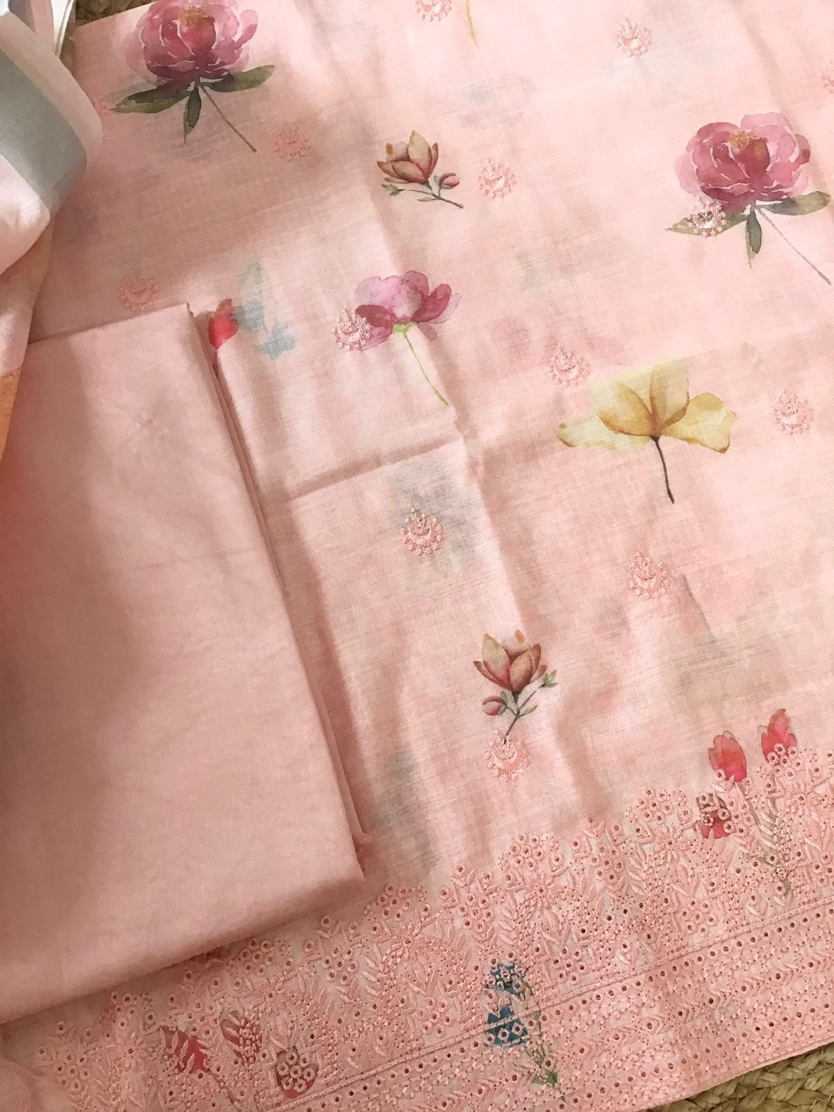 Soft Semi Linen Jute Cotton Printed Embroidered Suit - Peach