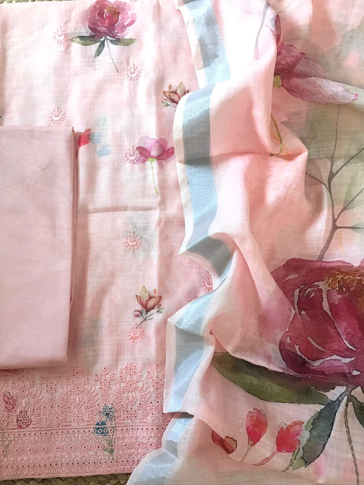 Soft Semi Linen Jute Cotton Printed Embroidered Suit - Peach