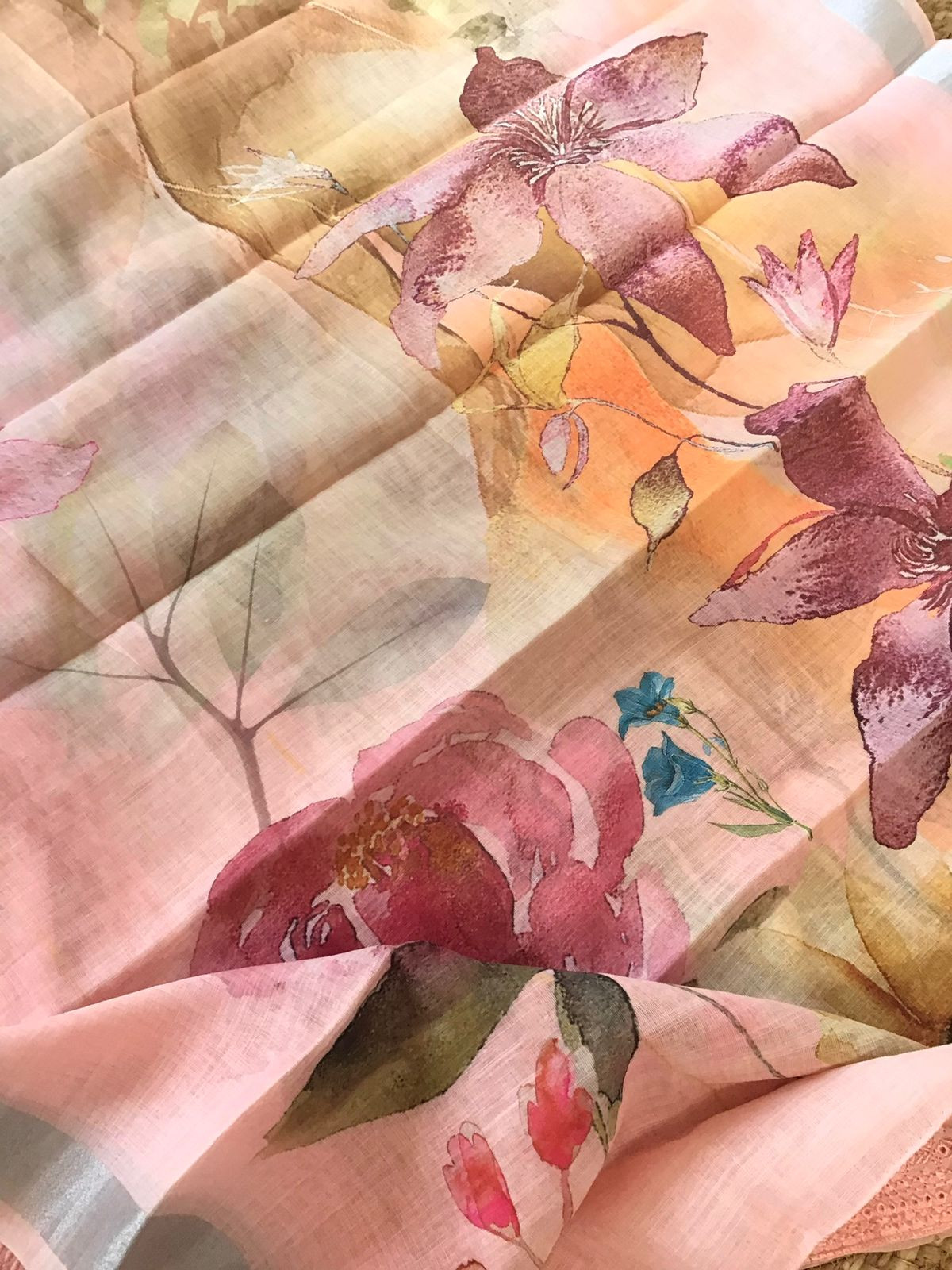 Soft Semi Linen Jute Cotton Printed Embroidered Suit - Peach