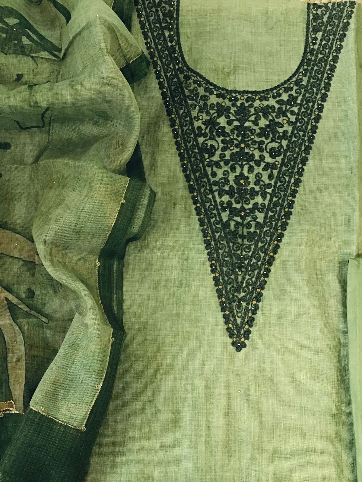 Soft Tissue Slub Cotton Printed Embroidered Suit - Green