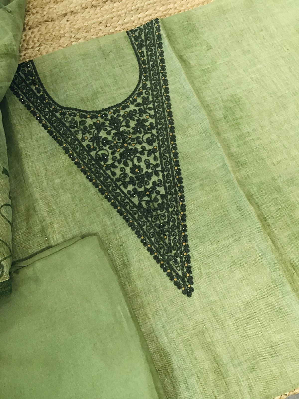 Soft Tissue Slub Cotton Printed Embroidered Suit - Green