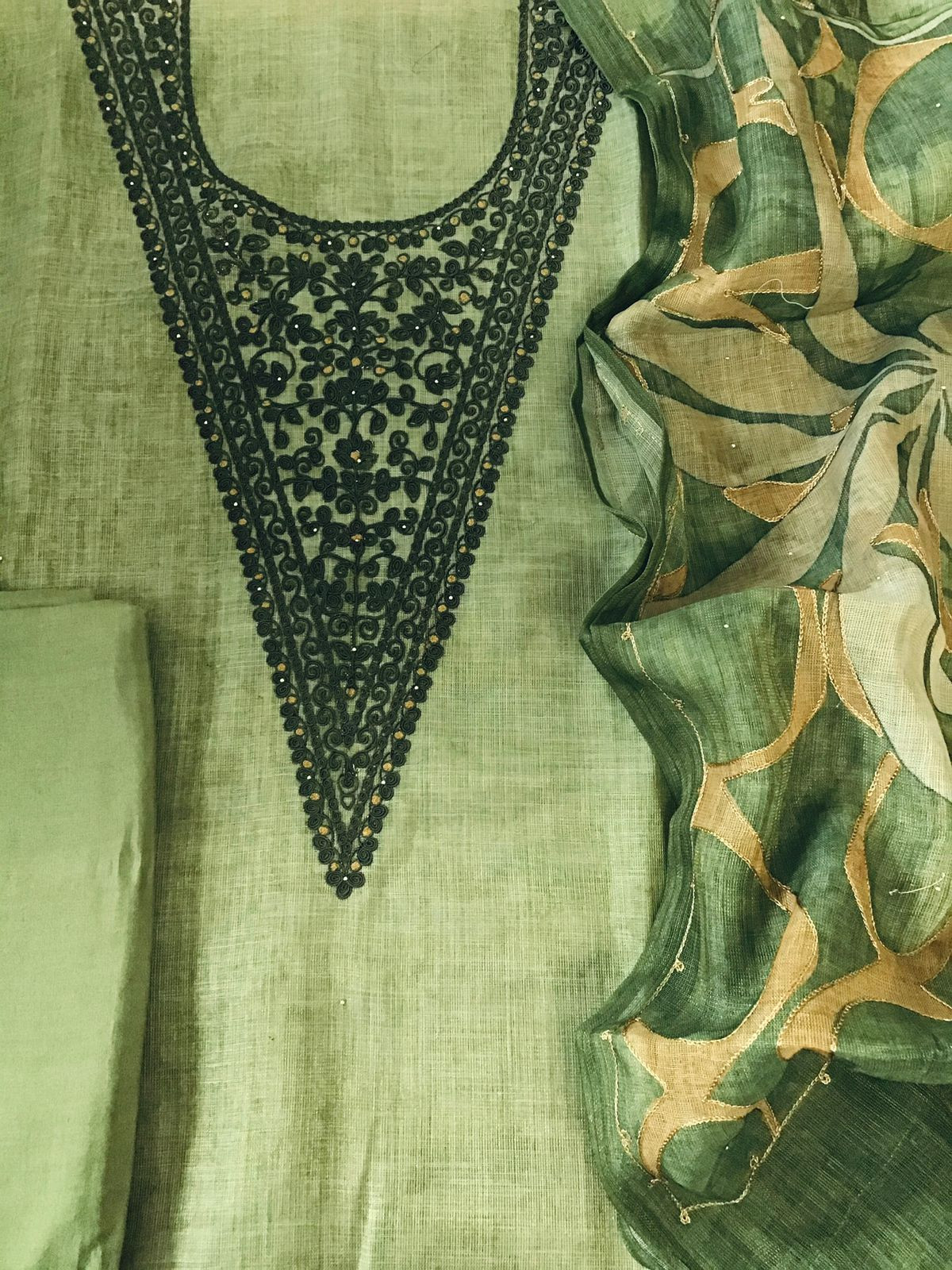 Soft Tissue Slub Cotton Printed Embroidered Suit - Green