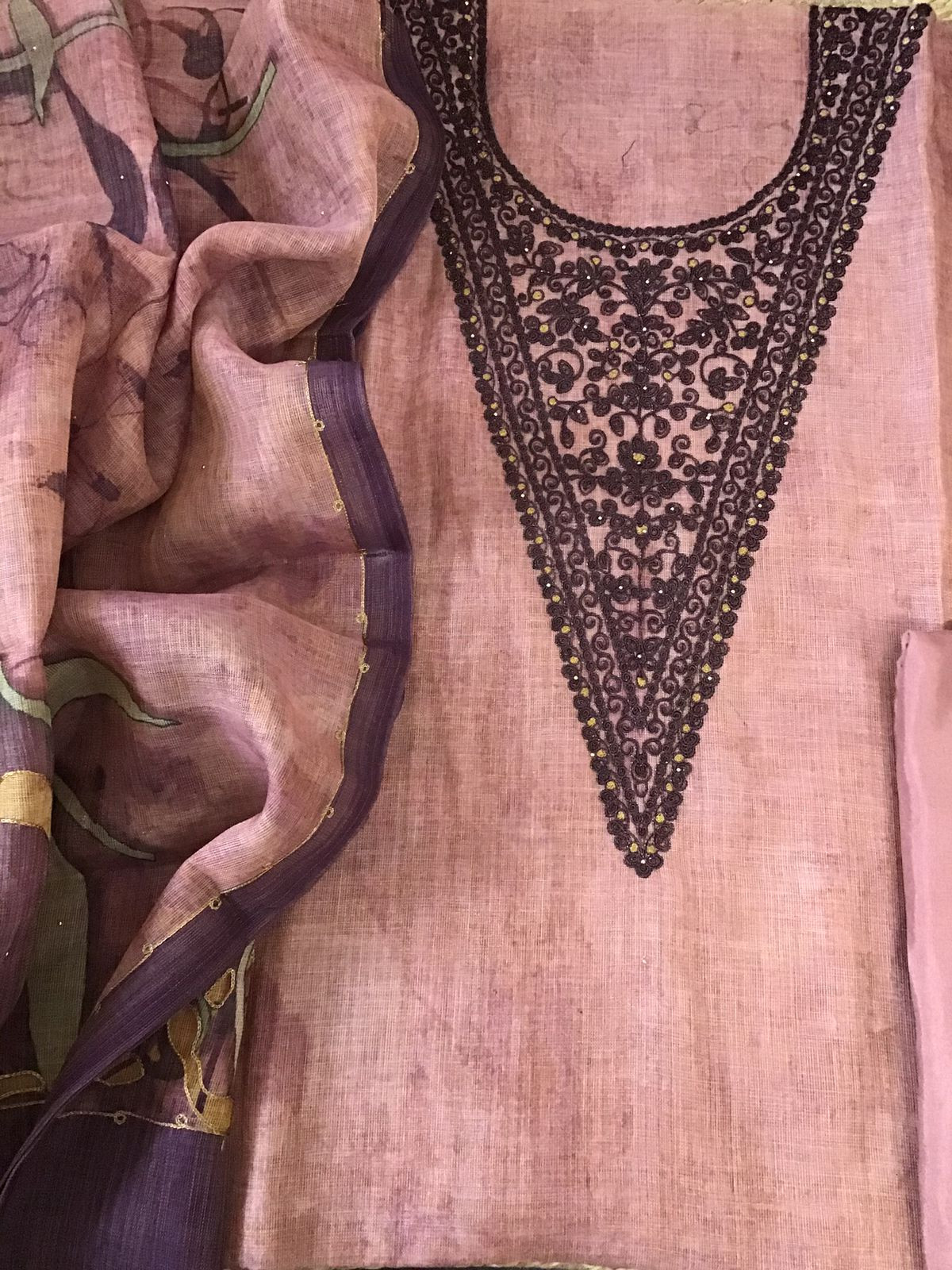 Soft Tissue Slub Cotton Printed Embroidered Suit - Pink