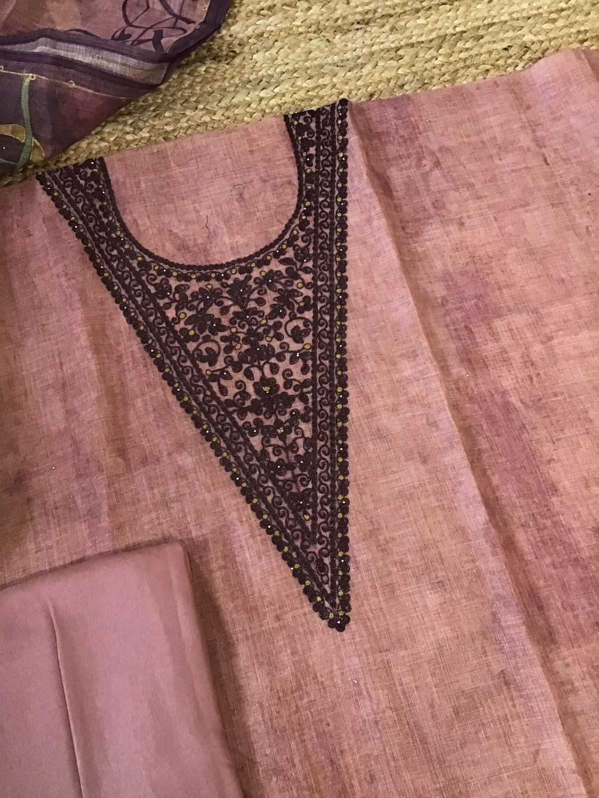 Soft Tissue Slub Cotton Printed Embroidered Suit - Pink