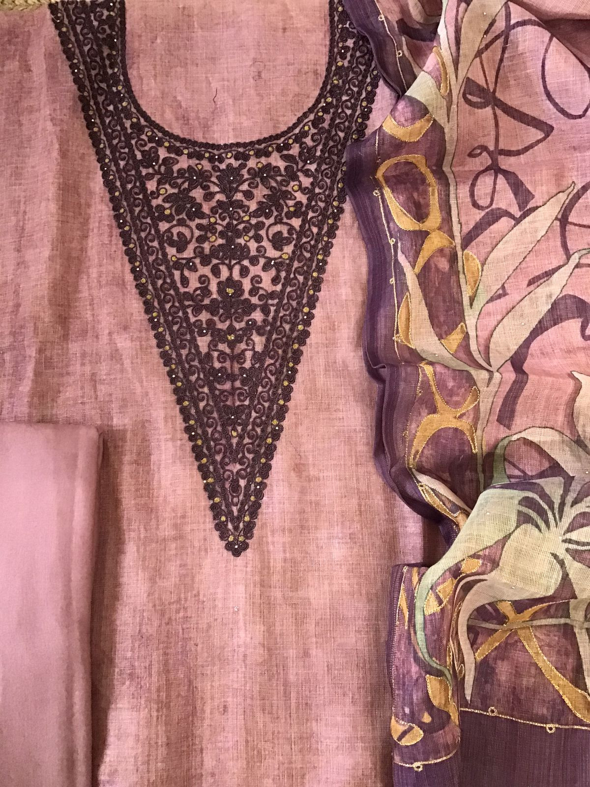 Soft Tissue Slub Cotton Printed Embroidered Suit - Pink