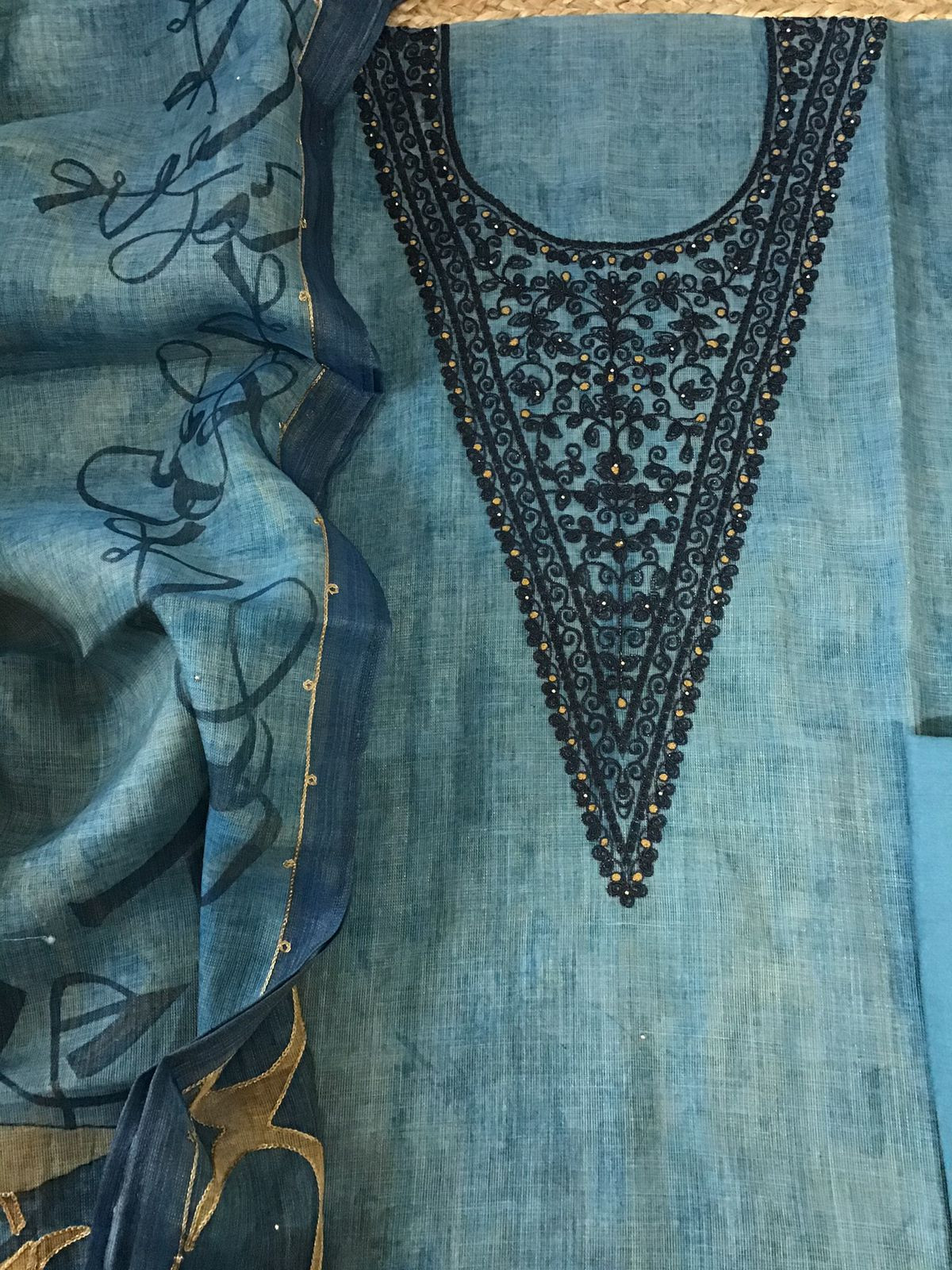 Soft Tissue Slub Cotton Printed Embroidered Suit - Blue