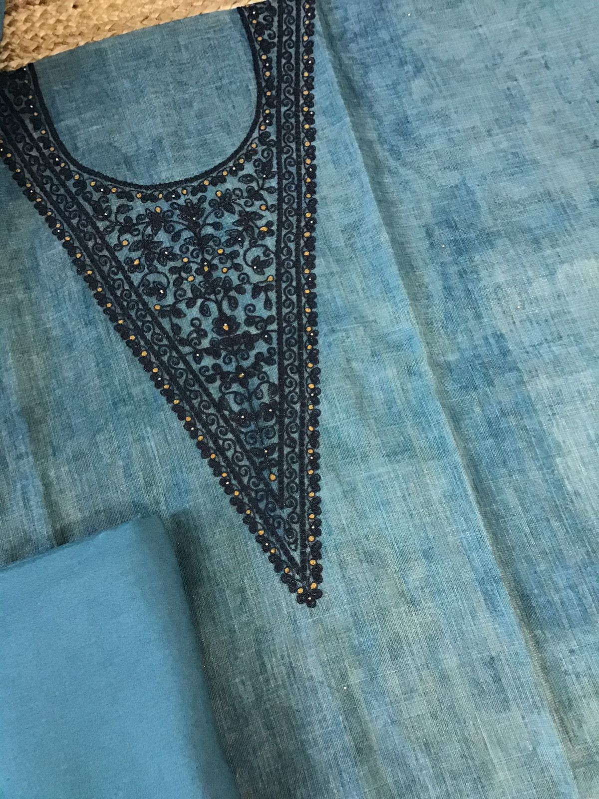 Soft Tissue Slub Cotton Printed Embroidered Suit - Blue