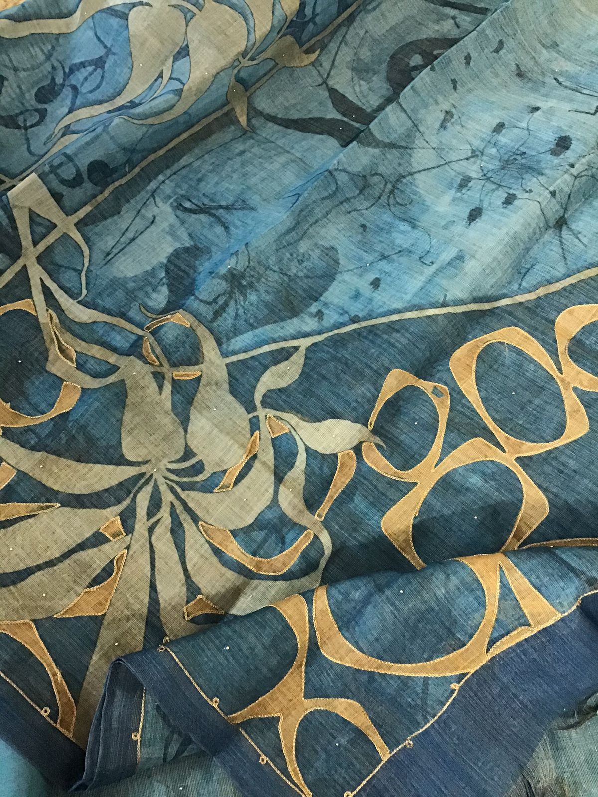 Soft Tissue Slub Cotton Printed Embroidered Suit - Blue