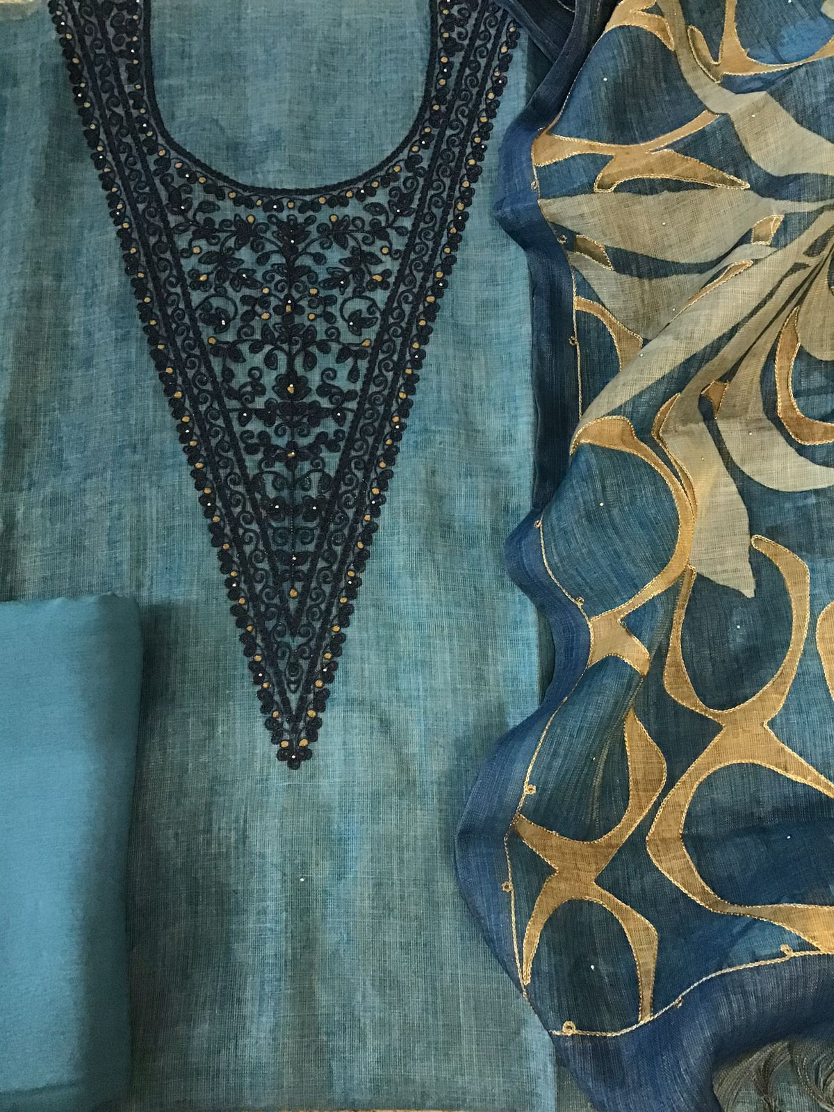 Soft Tissue Slub Cotton Printed Embroidered Suit - Blue