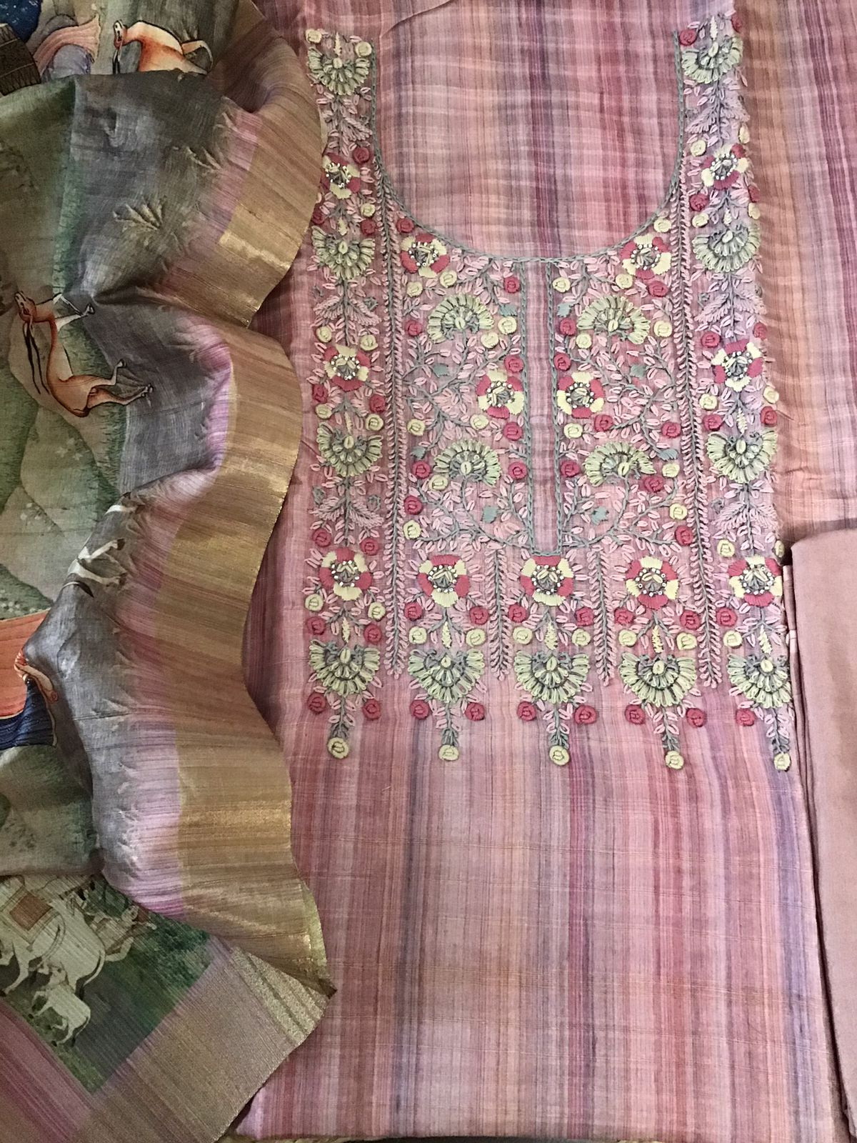 Soft Semi Tussar Printed Embroidered Suit - Pink