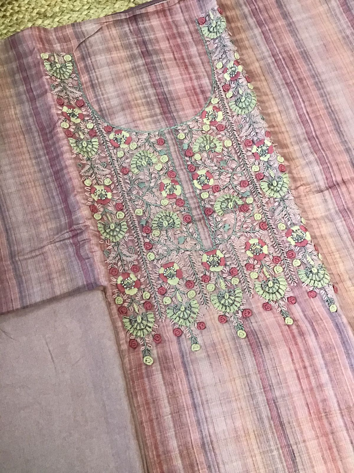 Soft Semi Tussar Printed Embroidered Suit - Pink