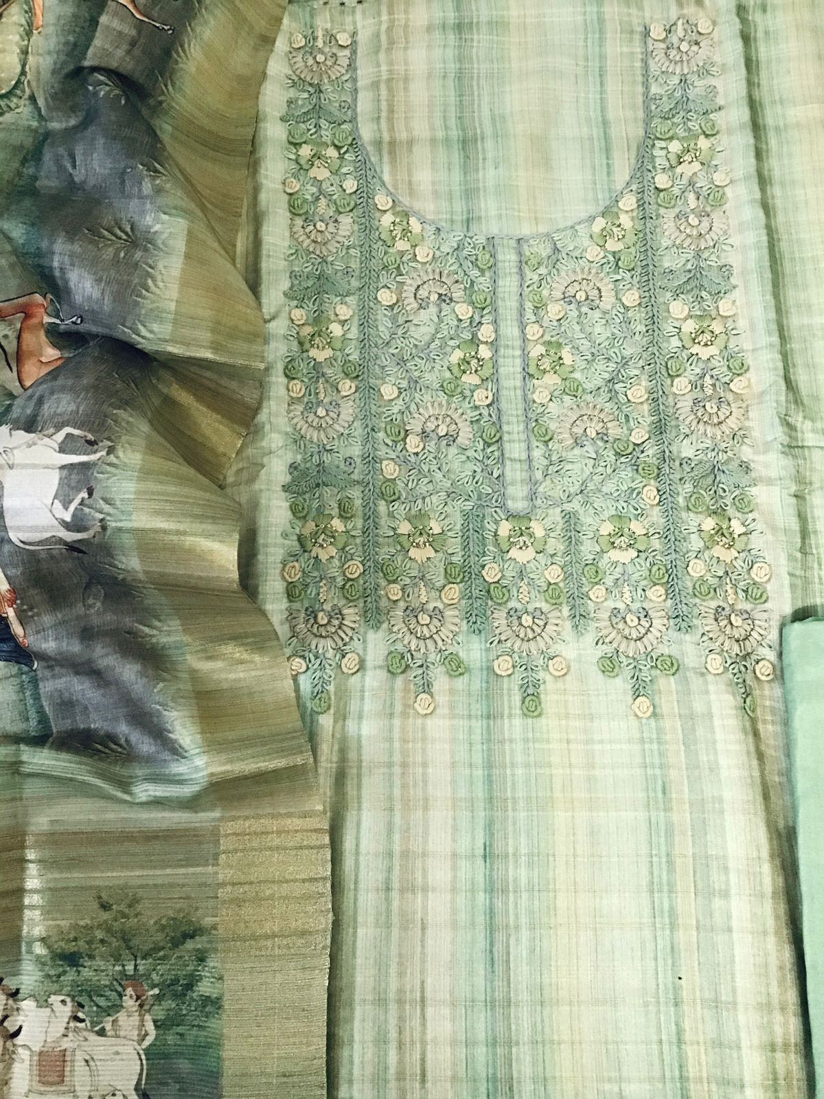 Soft Semi Tussar Printed Embroidered Suit - Green