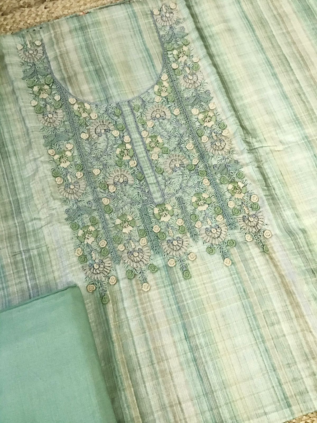 Soft Semi Tussar Printed Embroidered Suit - Green