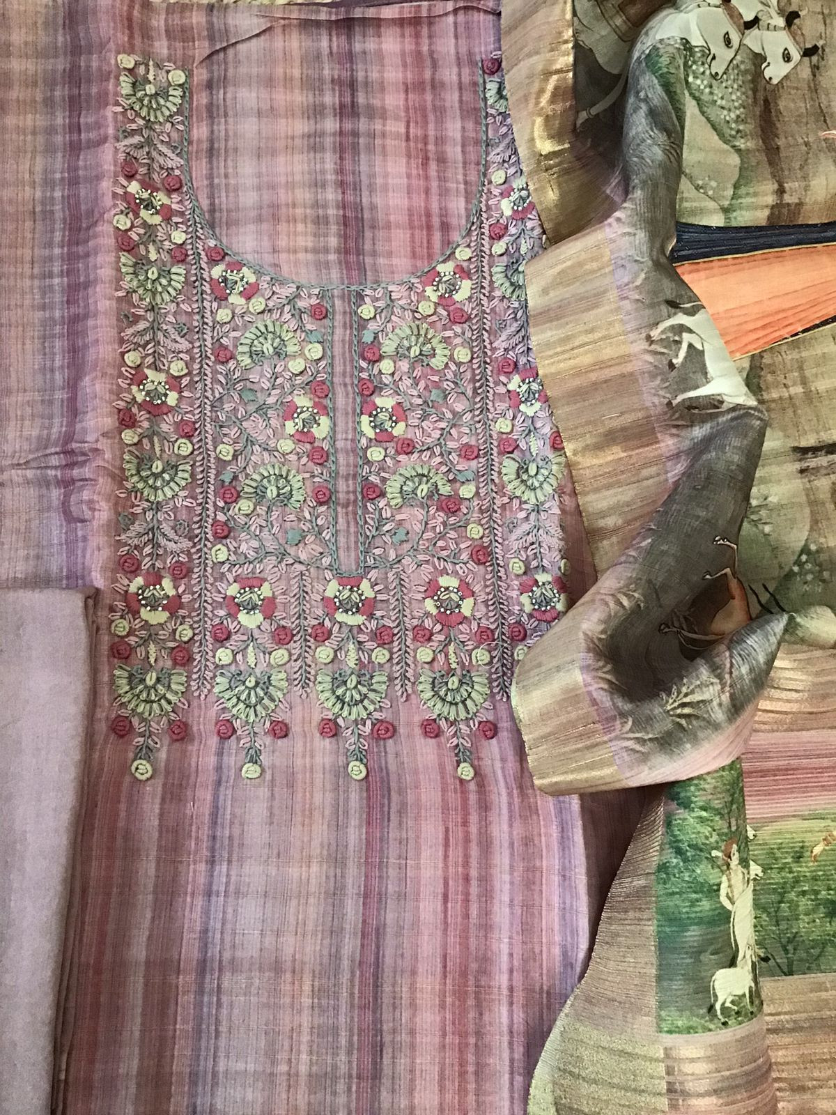 Soft Semi Tussar Printed Embroidered Suit - Pink