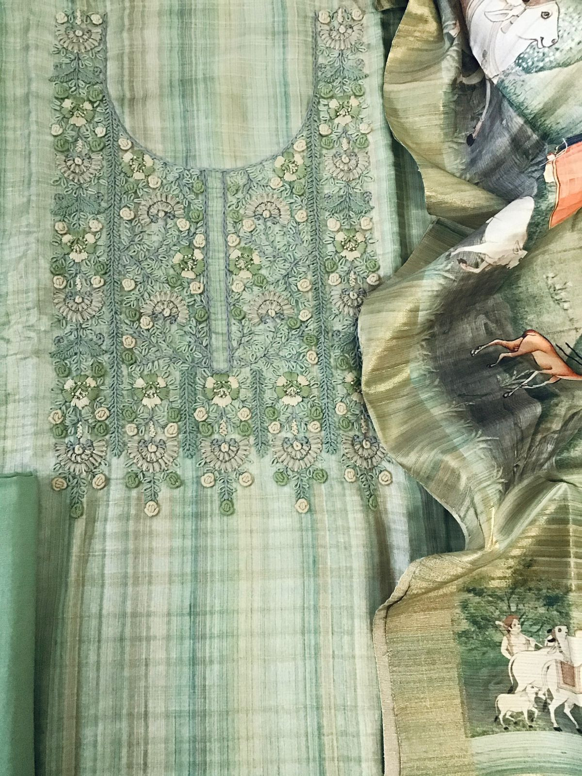 Soft Semi Tussar Printed Embroidered Suit - Green