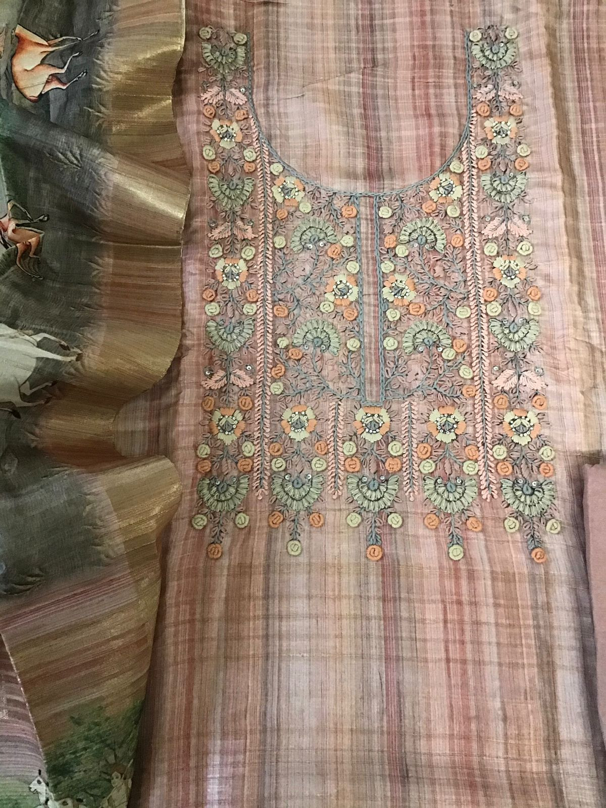 Soft Semi Tussar Printed Embroidered Suit - Peach