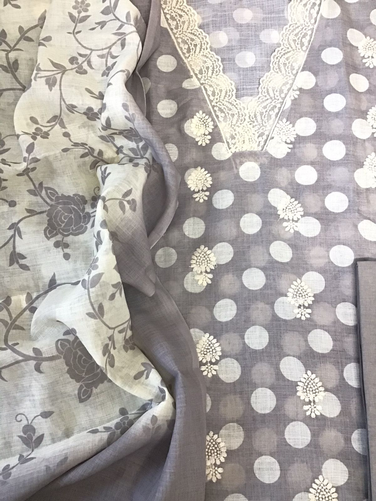 Soft Semi Linen Jute Cotton Printed Embroidered Suit - Grey