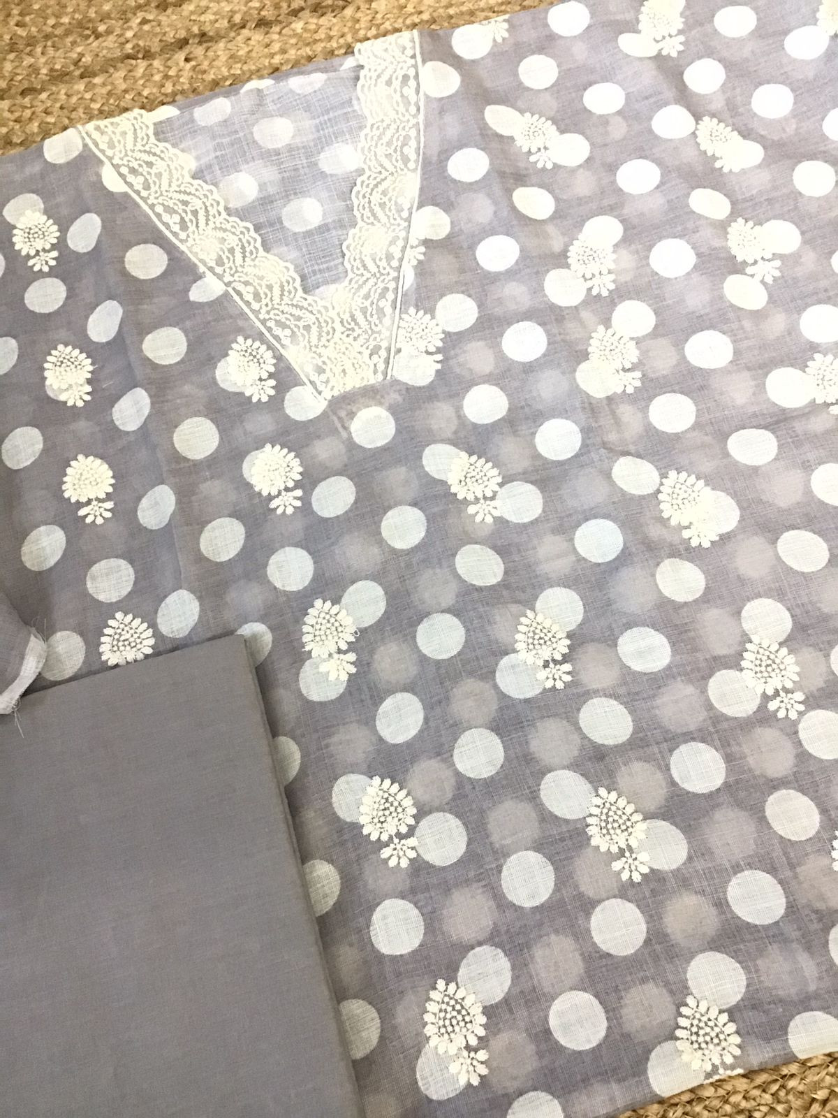 Soft Semi Linen Jute Cotton Printed Embroidered Suit - Grey