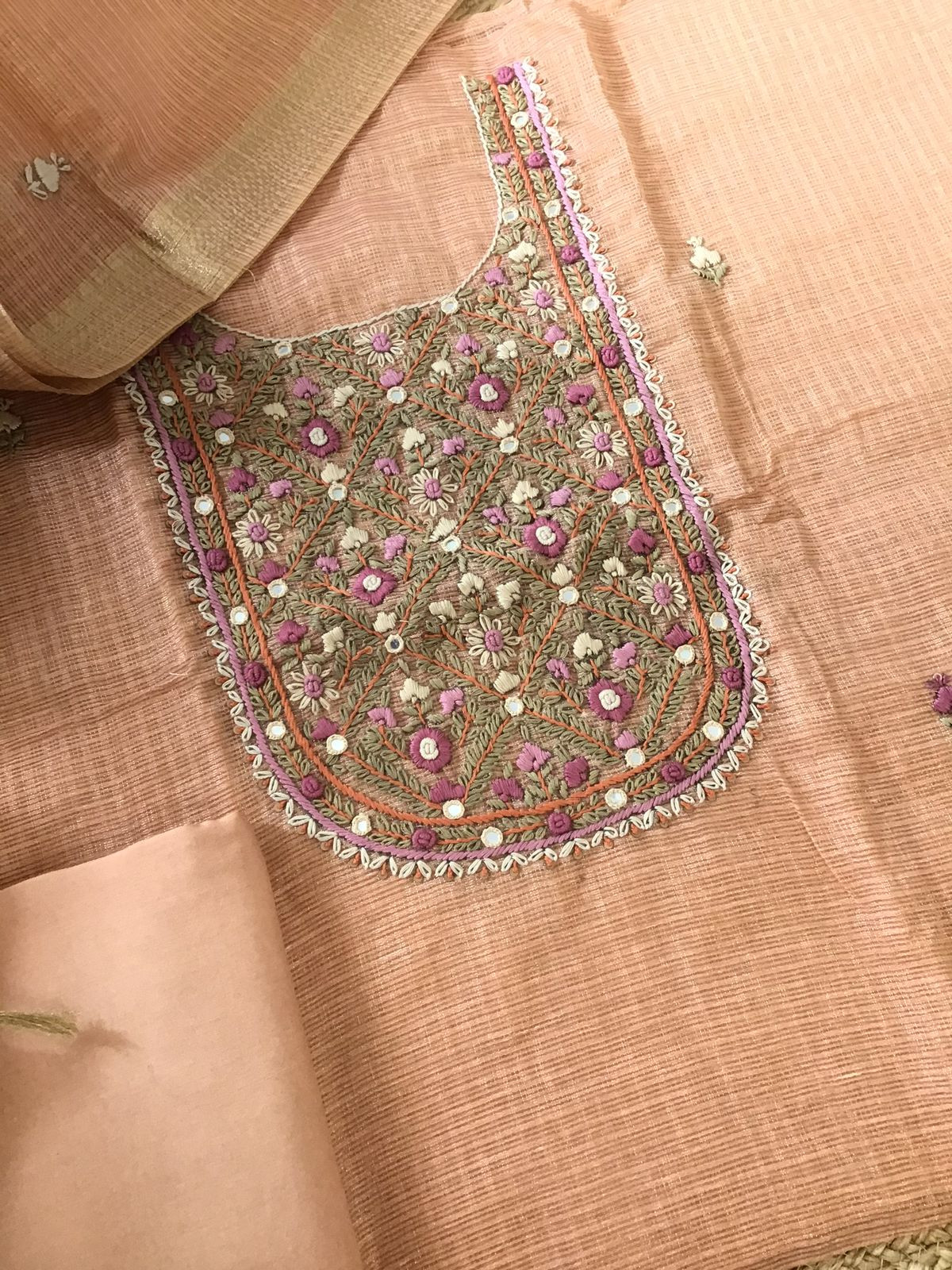Soft Zari Kota Embroidered Suit - Peach