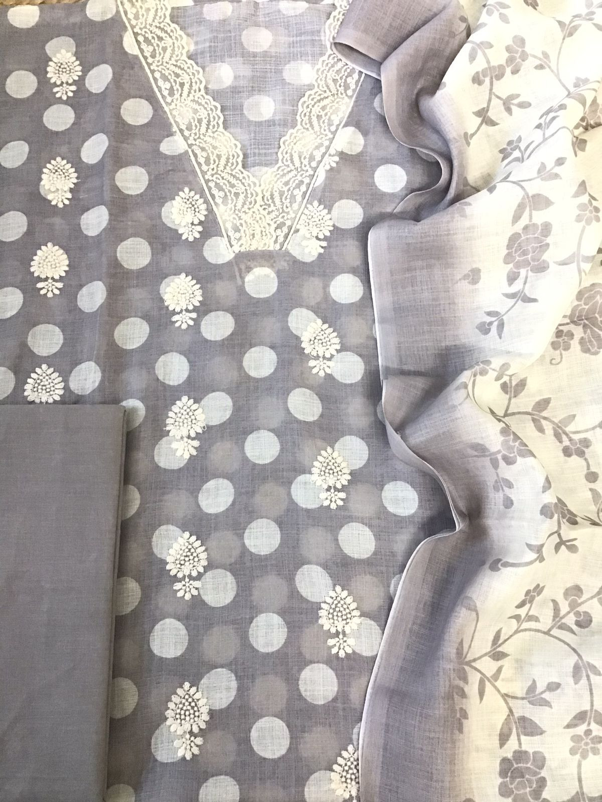 Soft Semi Linen Jute Cotton Printed Embroidered Suit - Grey